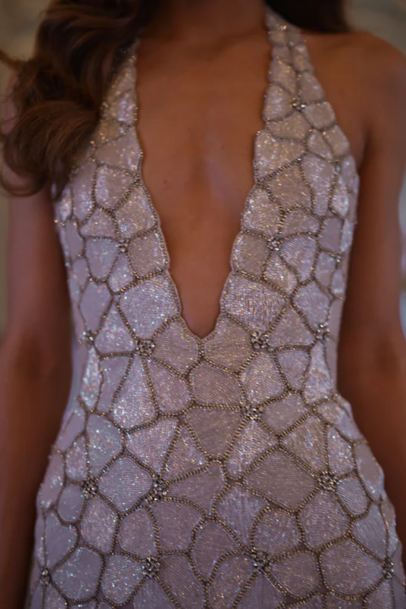 Aurette Halter Mini Dress – Champagne Glow