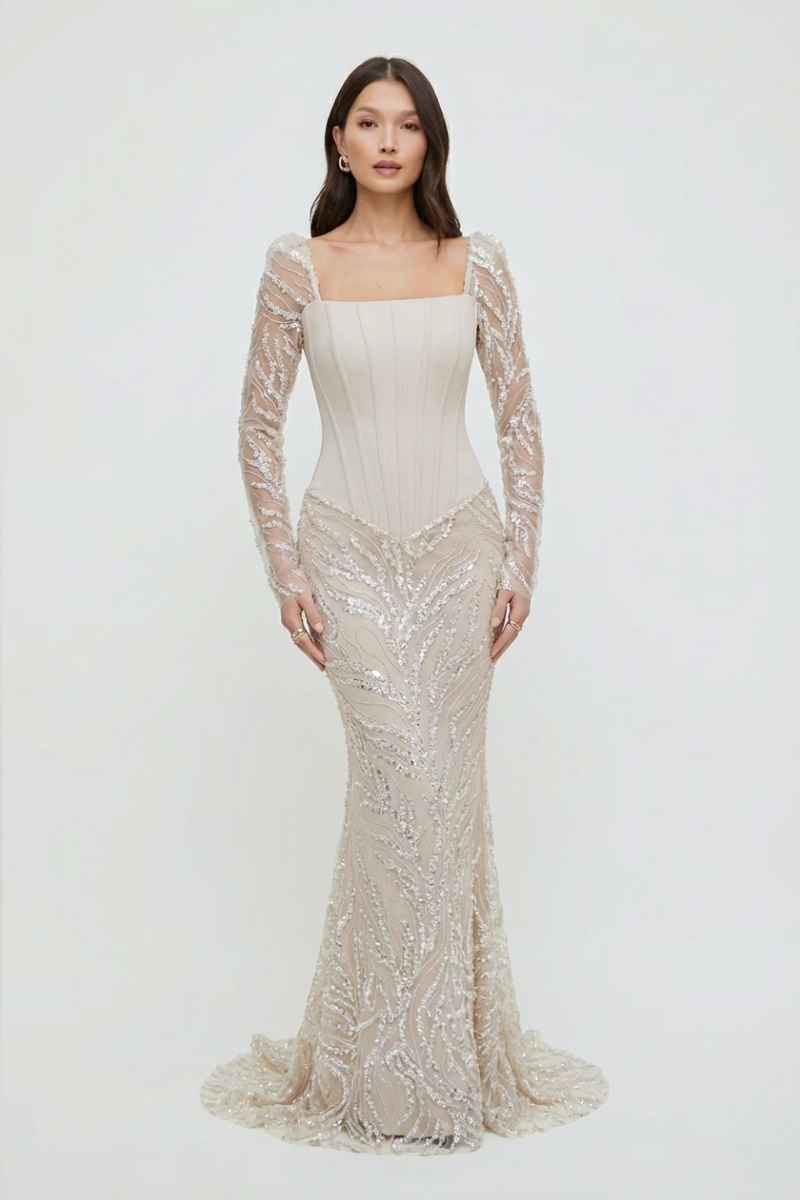 Celestine Beaded Gown – Soft Champagne