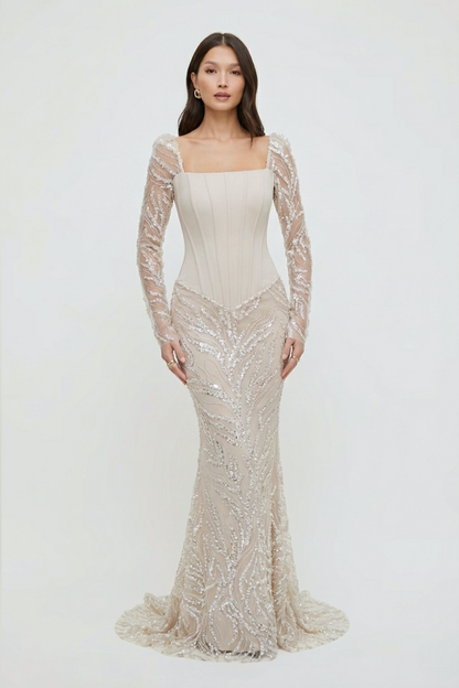 Celestine Beaded Gown – Soft Champagne
