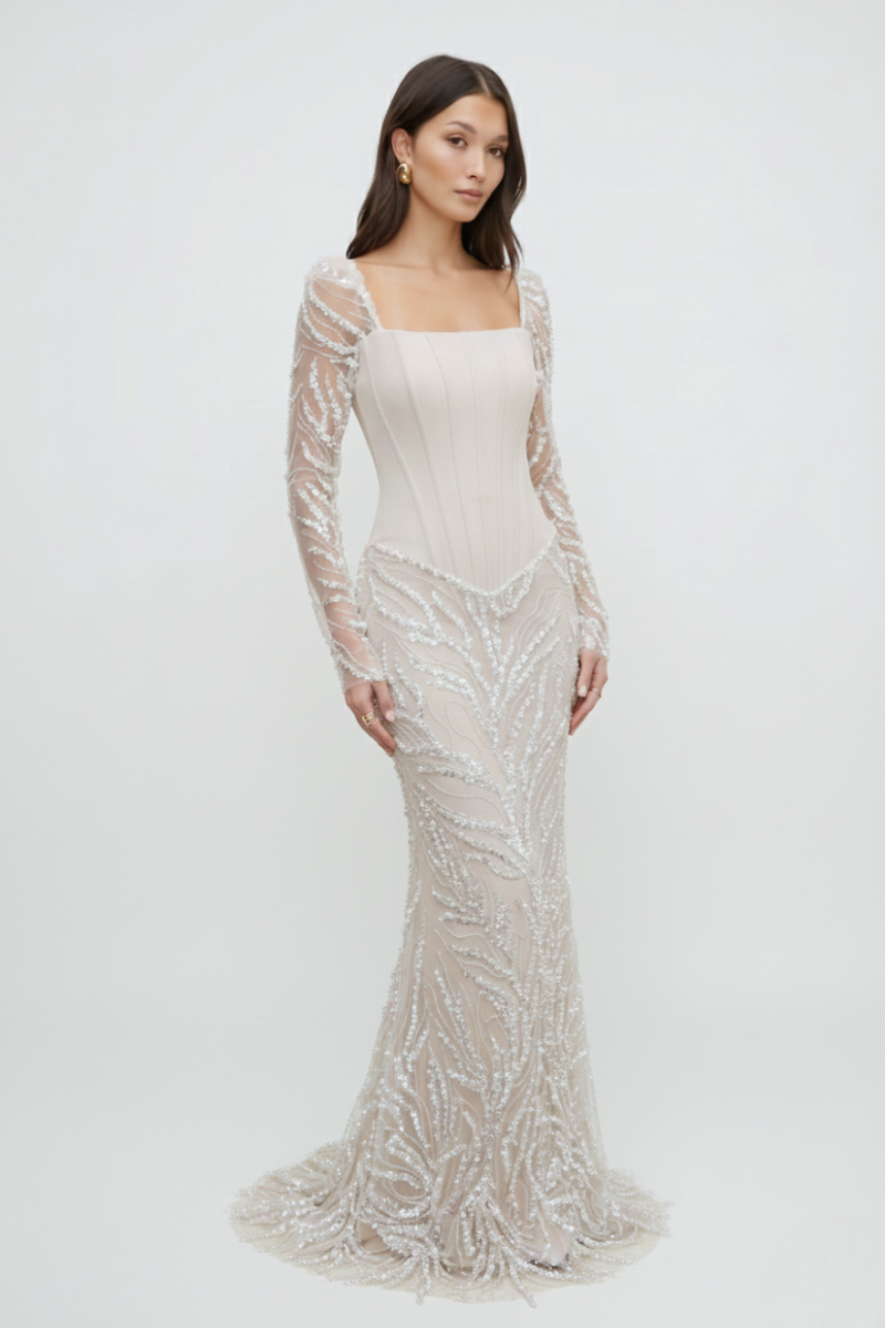 Celestine Beaded Gown – Soft Champagne